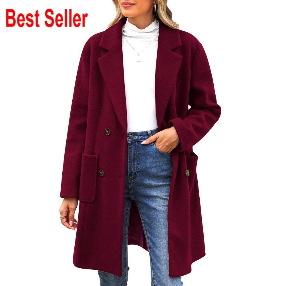 Wool Blend Pea Coat Double Breasted Trench Notch Lapel Classic Elegant